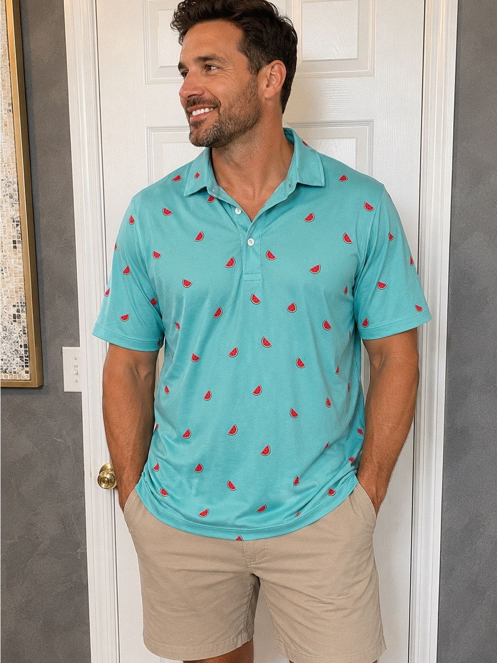 Bald Head Blues Men’s Med Watermelon Performance Polo Light Blue Golf Shirt